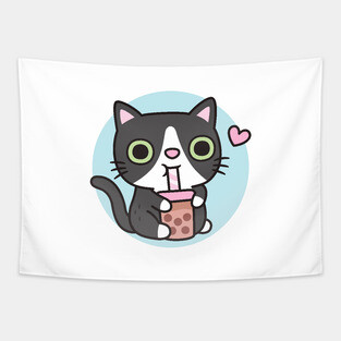 Cute Black Tuxedo Cat Loves Drinking Bubble Tea Tapestry