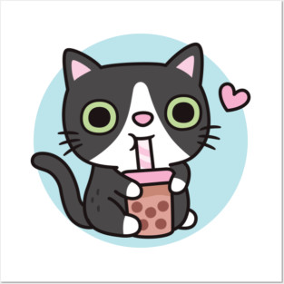 Cute Black Tuxedo Cat Loves Drinking Bubble Tea Posters and Art