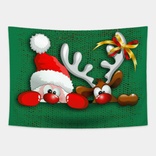 Funny Christmas Santa and Reindeer Cartoon Tapestry