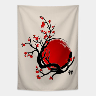 Zen Enso Circle, Sun and Red Sakura Blossom Tapestry