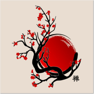 Zen Enso Circle, Sun and Red Sakura Blossom Posters and Art