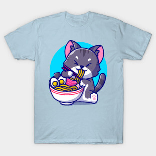 Cute Cat Eating Ramen Noodle With Chopstick Cartoon T-Shirt