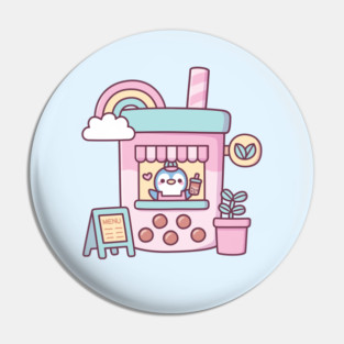 Cute Penguin Running A Bubble Tea Cafe Pin