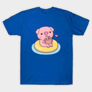 Cute Piggy Chilling On Pool Float And Drinking Coconut Water T-Shirt