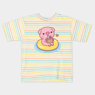 Cute Piggy Chilling On Pool Float And Drinking Coconut Water Kids T-Shirt