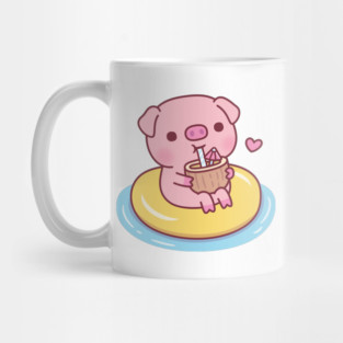 Cute Piggy Chilling On Pool Float And Drinking Coconut Water Mug