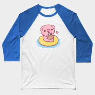 Cute Piggy Chilling On Pool Float And Drinking Coconut Water Baseball T-Shirt