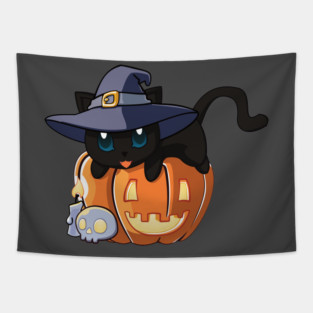 Black Cat on a Pumpkin Tapestry