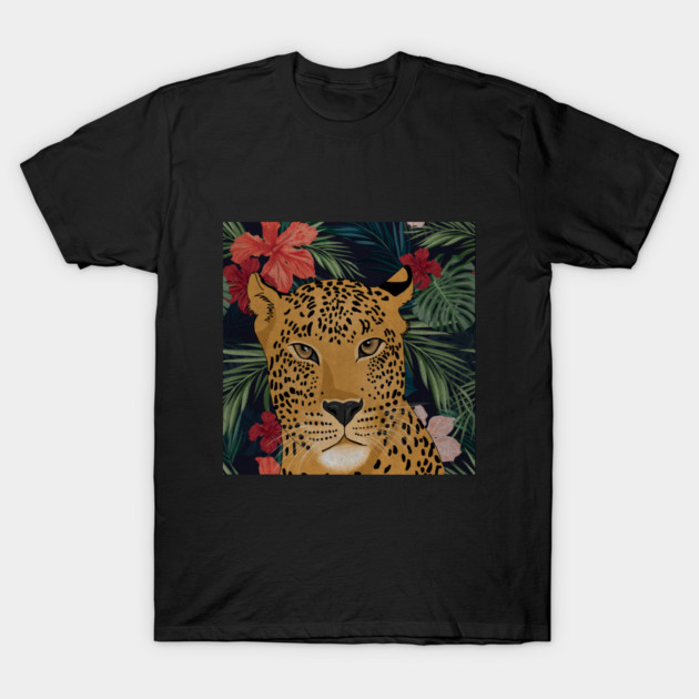 Beautiful Leopard in Tropical Floral Setting T-Shirt T-Shirt by logiamerch