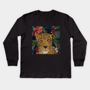 Beautiful Leopard in Tropical Floral Setting T-Shirt Kids Long Sleeve T-Shirt