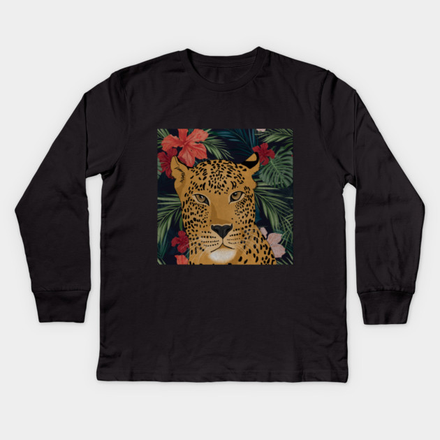 Beautiful Leopard in Tropical Floral Setting T-Shirt Kids Long Sleeve T-Shirt by logiamerch