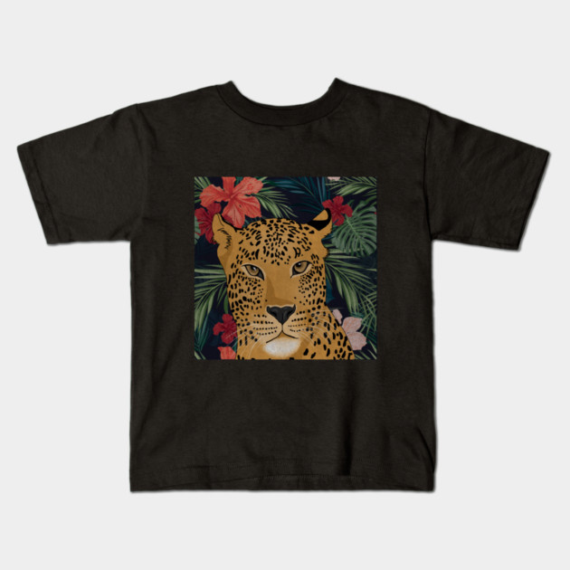 Beautiful Leopard in Tropical Floral Setting T-Shirt Kids T-Shirt by logiamerch