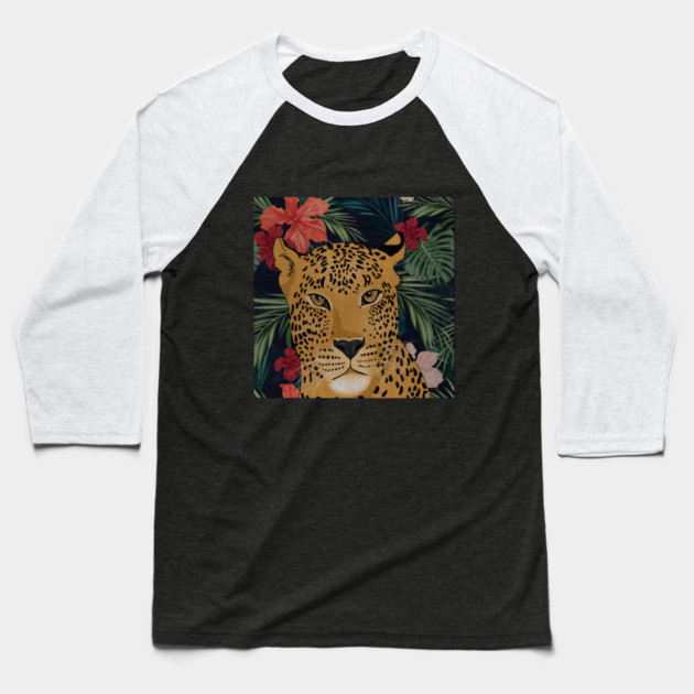 Beautiful Leopard in Tropical Floral Setting T-Shirt Baseball T-Shirt by logiamerch