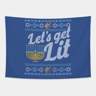 Funny Ugly Hanukkah Sweater, Let's Get Lit Menorah Tapestry