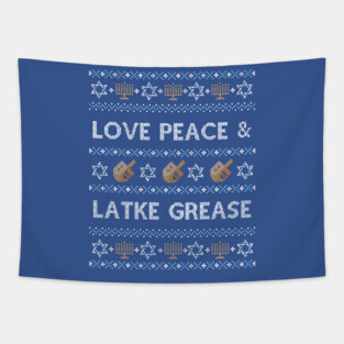 Funny Ugly Hanukkah Sweater, Love Peace Latke Grease Tapestry