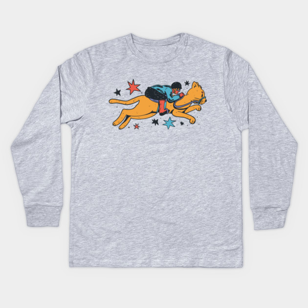 Jockey Riding A Cat Kids Long Sleeve T-Shirt by Cosmo Gazoo