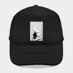 plum tree in snow Japanese illustration Hat