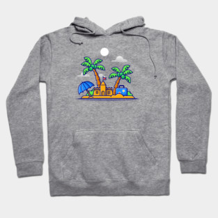 Beach Summer, Sand Castle And Coconut Trees Cartoon Hoodie