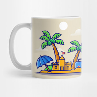 Beach Summer, Sand Castle And Coconut Trees Cartoon Mug