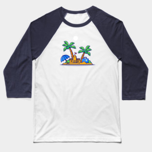 Beach Summer, Sand Castle And Coconut Trees Cartoon Baseball T-Shirt