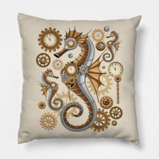 Steampunk Seahorse Vintage Surreal Art Pillow