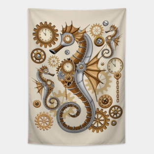 Steampunk Seahorse Vintage Surreal Art Tapestry