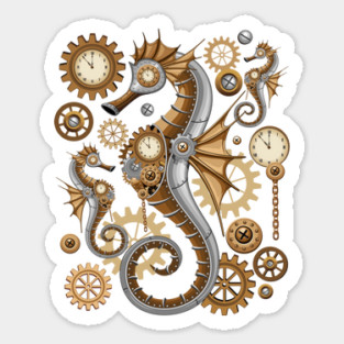 Steampunk Seahorse Vintage Surreal Art Sticker