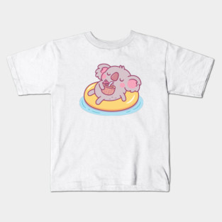 Cute Koala Chilling On Pool Float And Drinking Coconut Water Kids T-Shirt