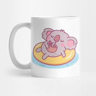 Cute Koala Chilling On Pool Float And Drinking Coconut Water Mug