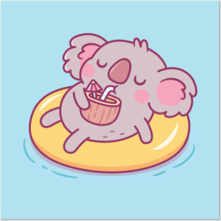 Cute Koala Chilling On Pool Float And Drinking Coconut Water Posters and Art