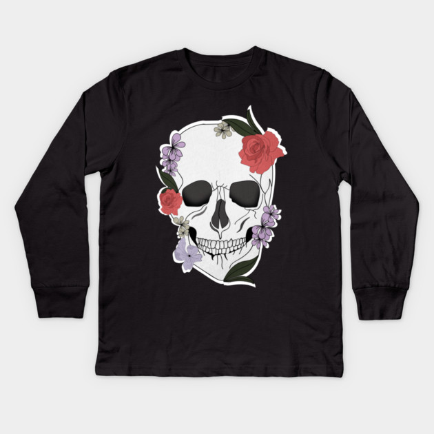 Skull floral Rose Vintage Day of the Dead Kids Long Sleeve T-Shirt by logiamerch