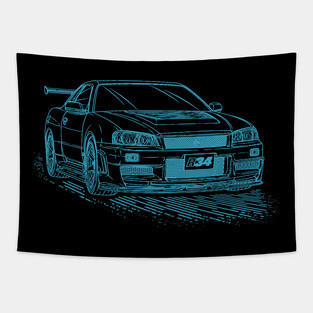 Nissan Skyline GTR R34 Lineart Blueprint Tapestry
