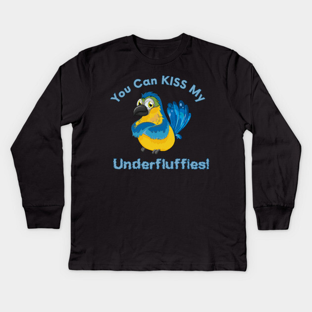 Blue Gold Macaw Parrot Kiss Underfluffies Kids Long Sleeve T-Shirt by Einstein Parrot