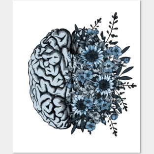 Blue Brain and flowers sunflowers, Positivity, creativity, right hemisphere brain, health, Mental Posters and Art