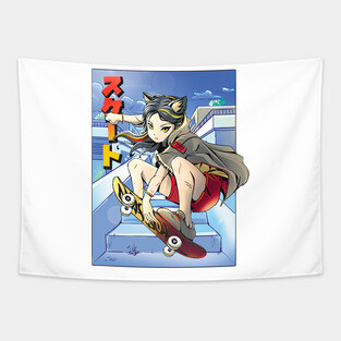 Anime cat girl skateboarding Tapestry