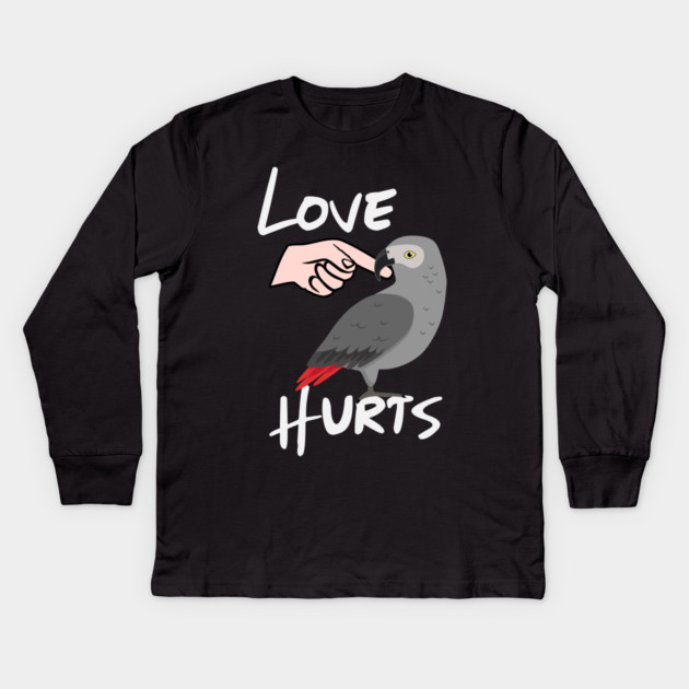Love Hurts African Grey Parrot Biting Finger Kids Long Sleeve T-Shirt by Einstein Parrot