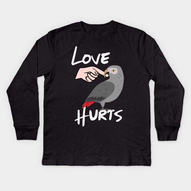 Love Hurts Timneh Grey Parrot Biting Finger Kids Long Sleeve T-Shirt by Einstein Parrot
