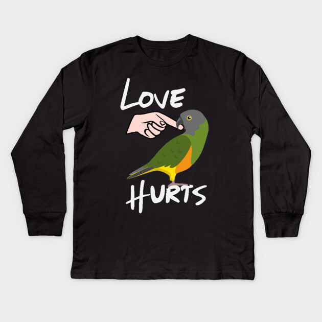 Love Hurts Senegal Parrot Biting Finger Kids Long Sleeve T-Shirt by Einstein Parrot