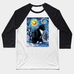 Winter Night - Tuxedo Cat Baseball T-Shirt