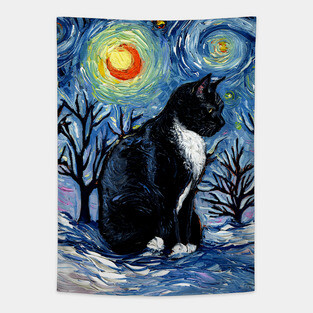 Winter Night - Tuxedo Cat Tapestry