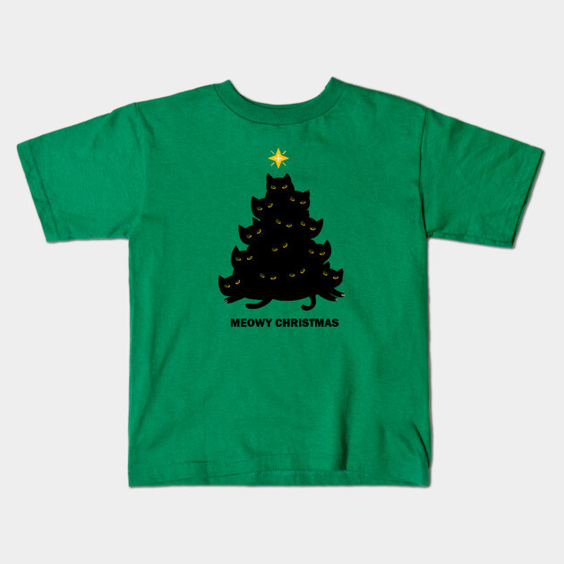Merry Meowy Christmas Cat Tree Xmas Kitten Kids T-Shirt by logiamerch