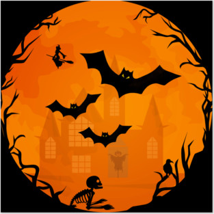 Orange and Black Spooky Halloween Bats Scene Cheeky Witch® Posters and Art
