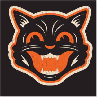 Vintage Halloween Black Cat - Distressed Posters and Art
