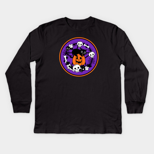 Halloween Cat and Pumpkin Pentacle Wreath Cheeky Witch® Kids Long Sleeve T-Shirt by Cheeky Witch