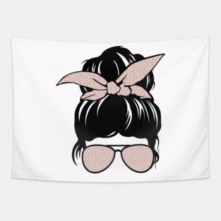 Messy Bun with Pink Polka Dots - Headband and Sunglasses Tapestry