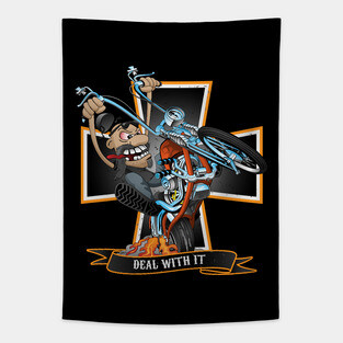 Deal with it -  funny biker riding a chopper, popping a wheelie motorcycle cartoon Tapestry