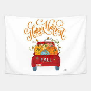 Happy Harvest Fall Season Pumpkin Truck Tapestry