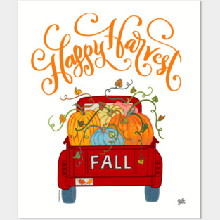 Happy Harvest Fall Season Pumpkin Truck Posters and Art