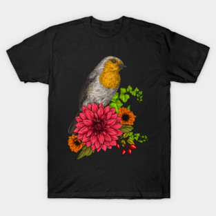 Robin on bouquet of flowers T-Shirt