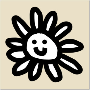 Black and White Daisy Flower Smiley Face Graphic Posters and Art